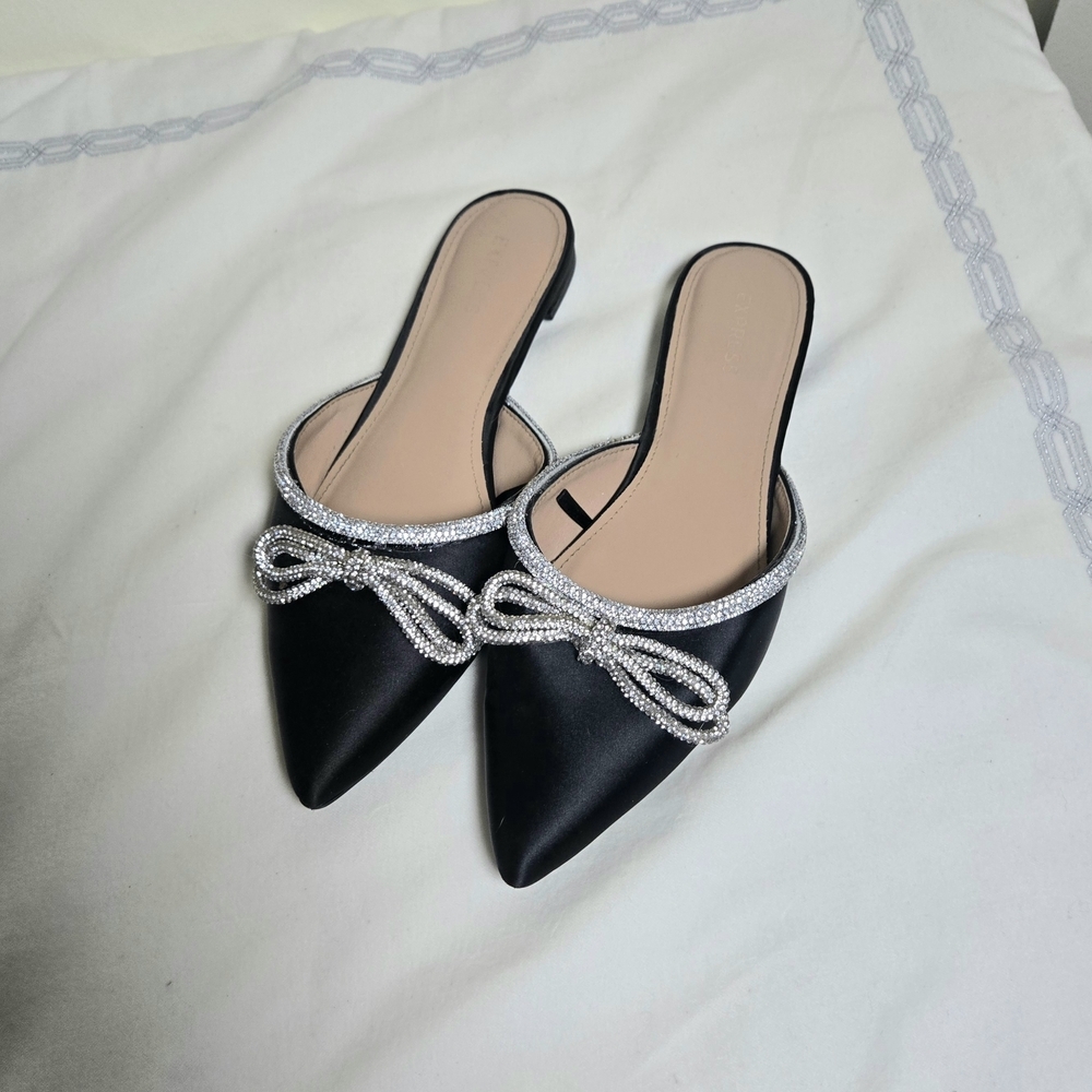Black Satin Mules with Silver Sparkle Accents